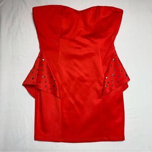 NWT BEBE Dress Women's Large Studded Strapless Bodycon Mini Cocktail Red Orange
